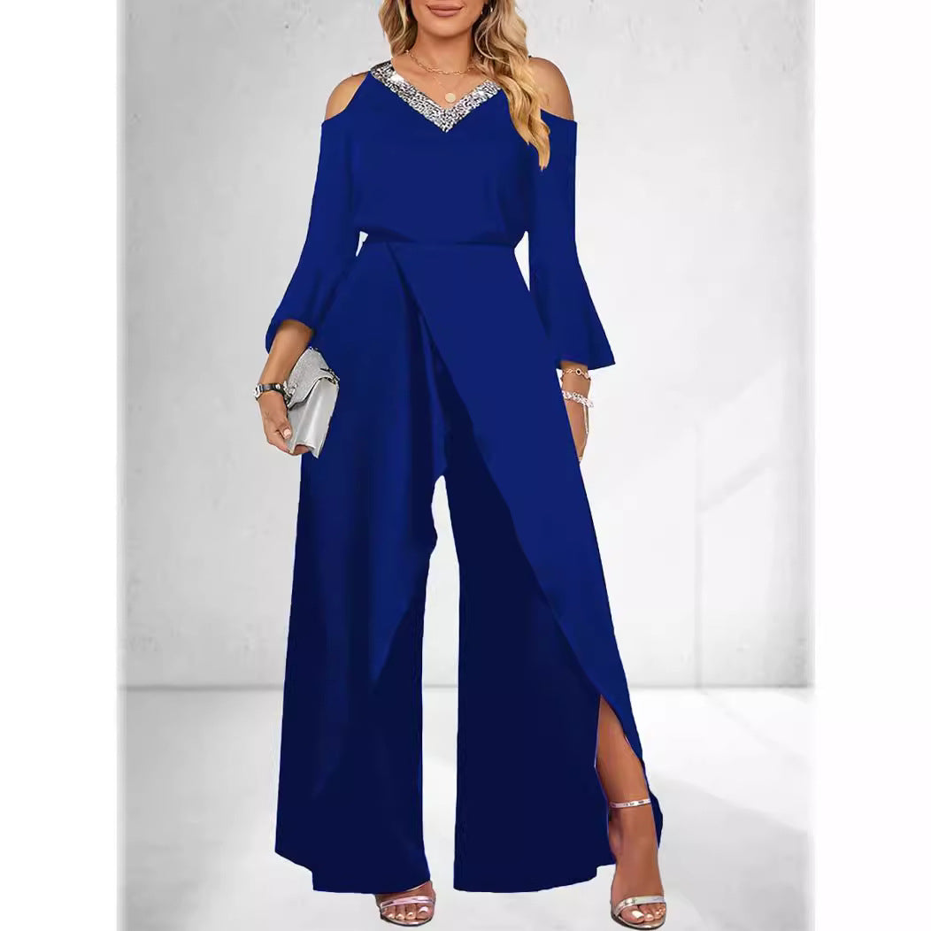 Women's Split Sequined Solid Color Collar Basic Business Elegant Wide Leg Fashion Casual Suit