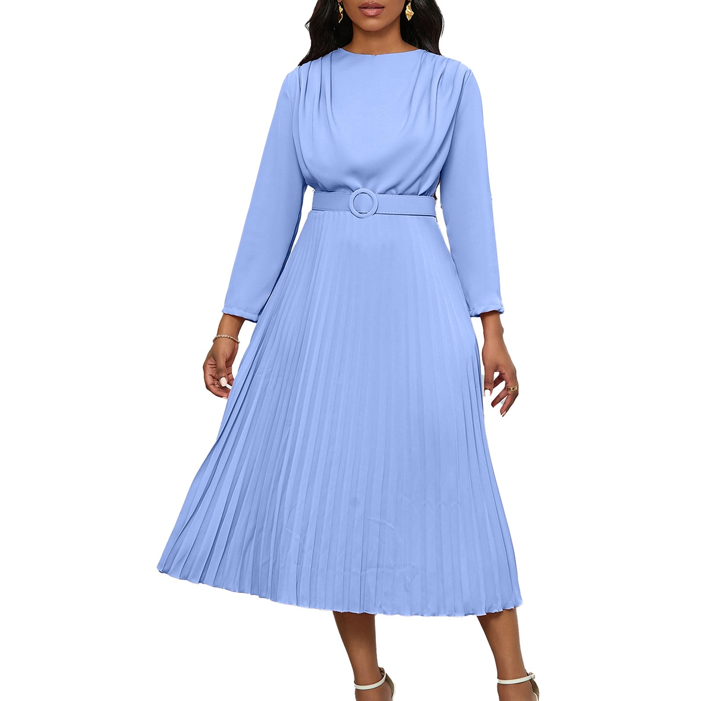 Women's Elegant Pleated Commuter Solid Color African Dresses