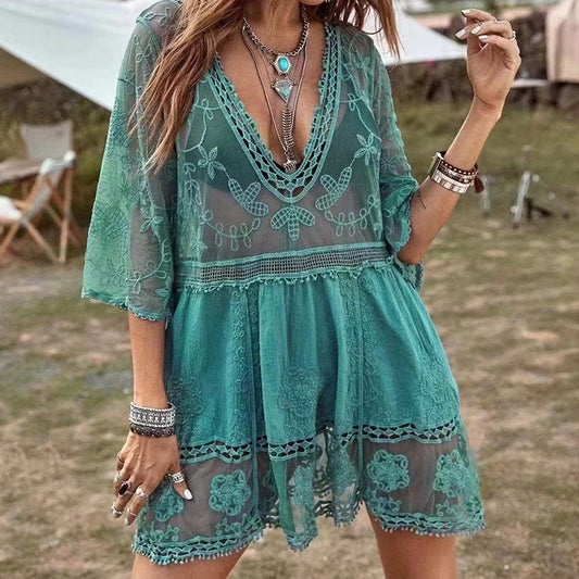 Lace Beach Dress Solid Color Seaside Dresses