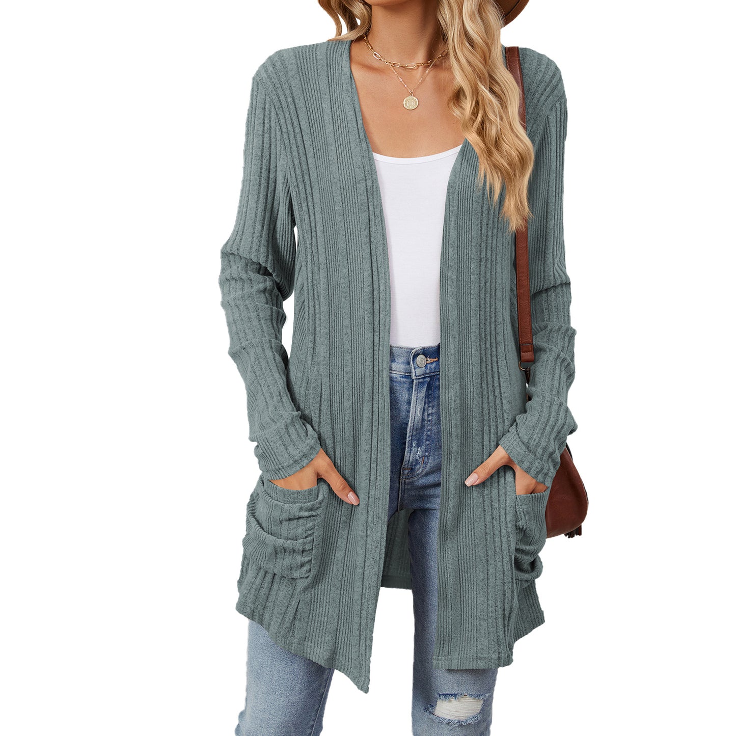 Women's Color Rib Fabric Brushed Pocket Long Cardigans