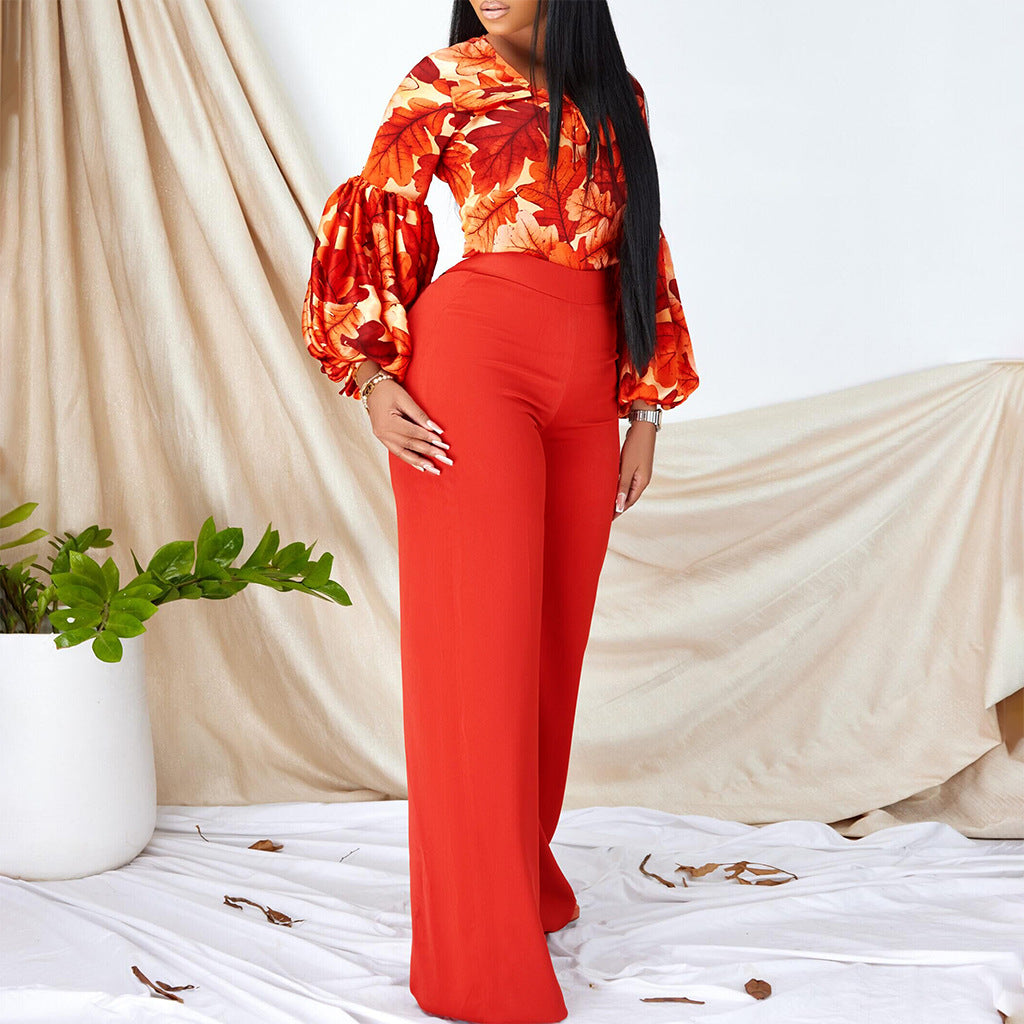Women's Large Printed Lace Up Wide Leg Fashion Casual Suit