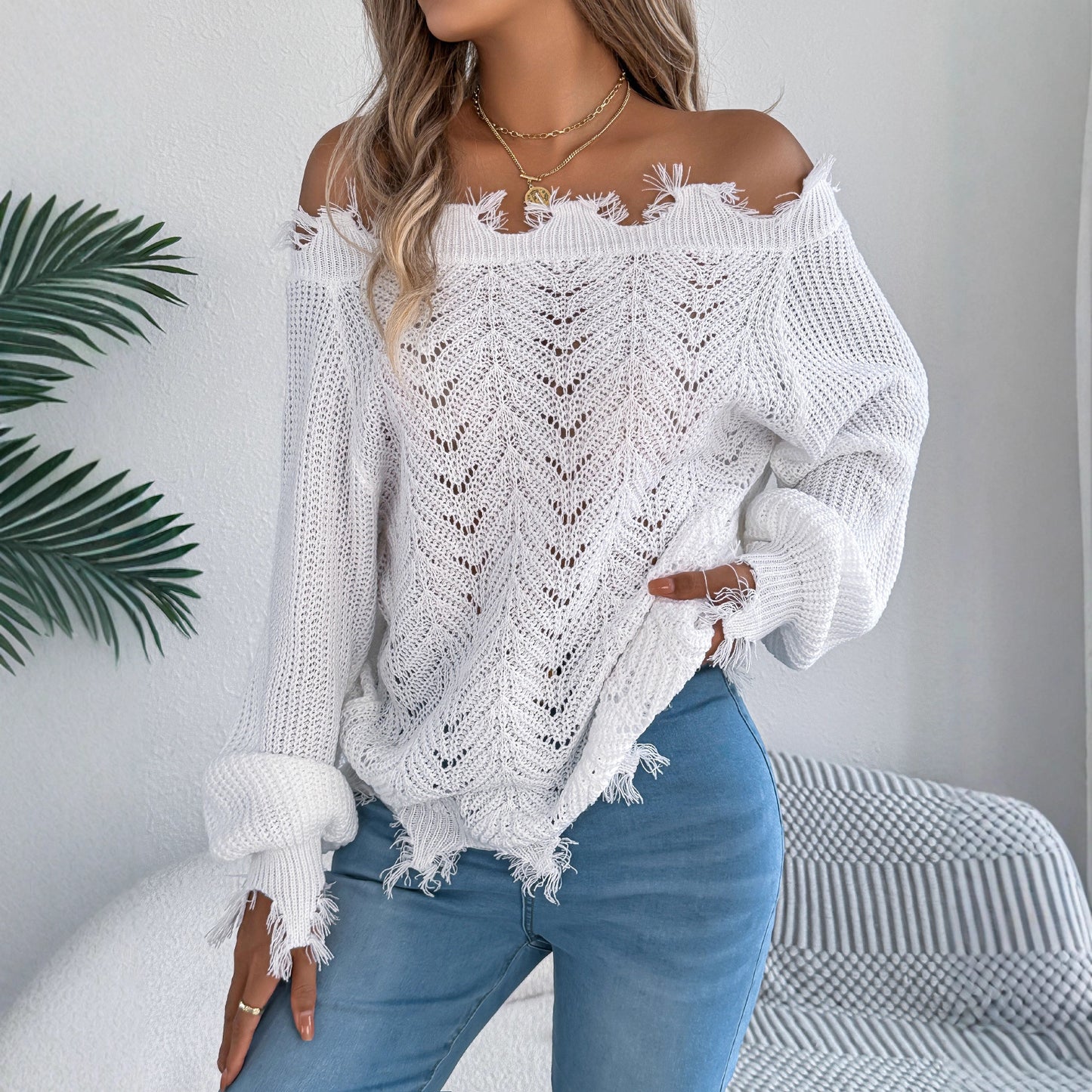 Women's Solid Color Long Sleeve Cut Pullover Sweater