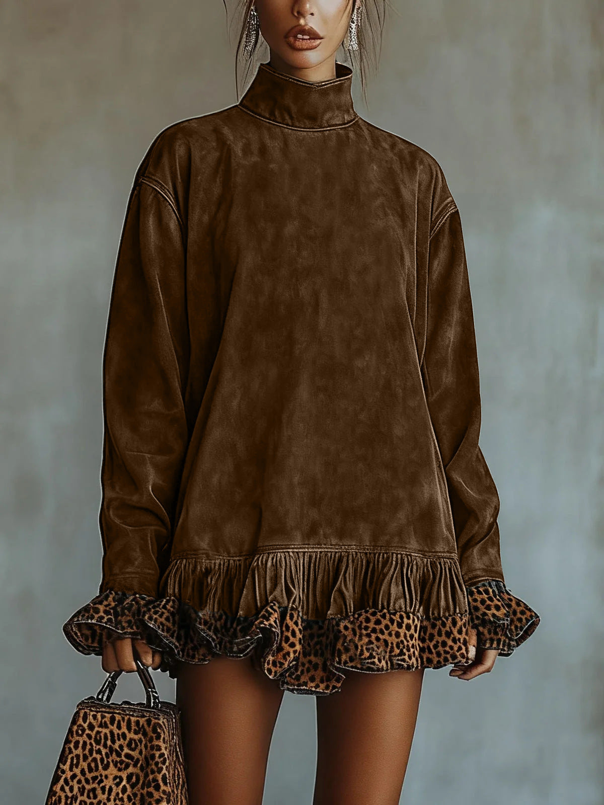 Women's Fashion Casual Turtleneck Long Sleeve Leopard Dress