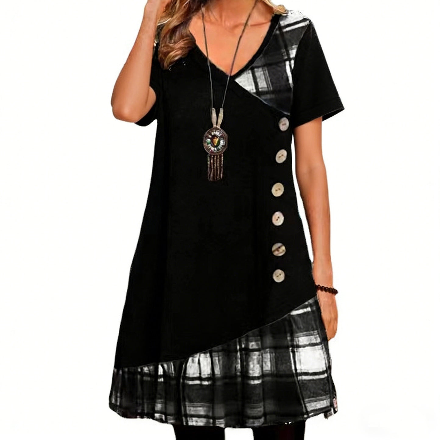 Women's Fashion Casual Patchwork Button Sleeve Dress