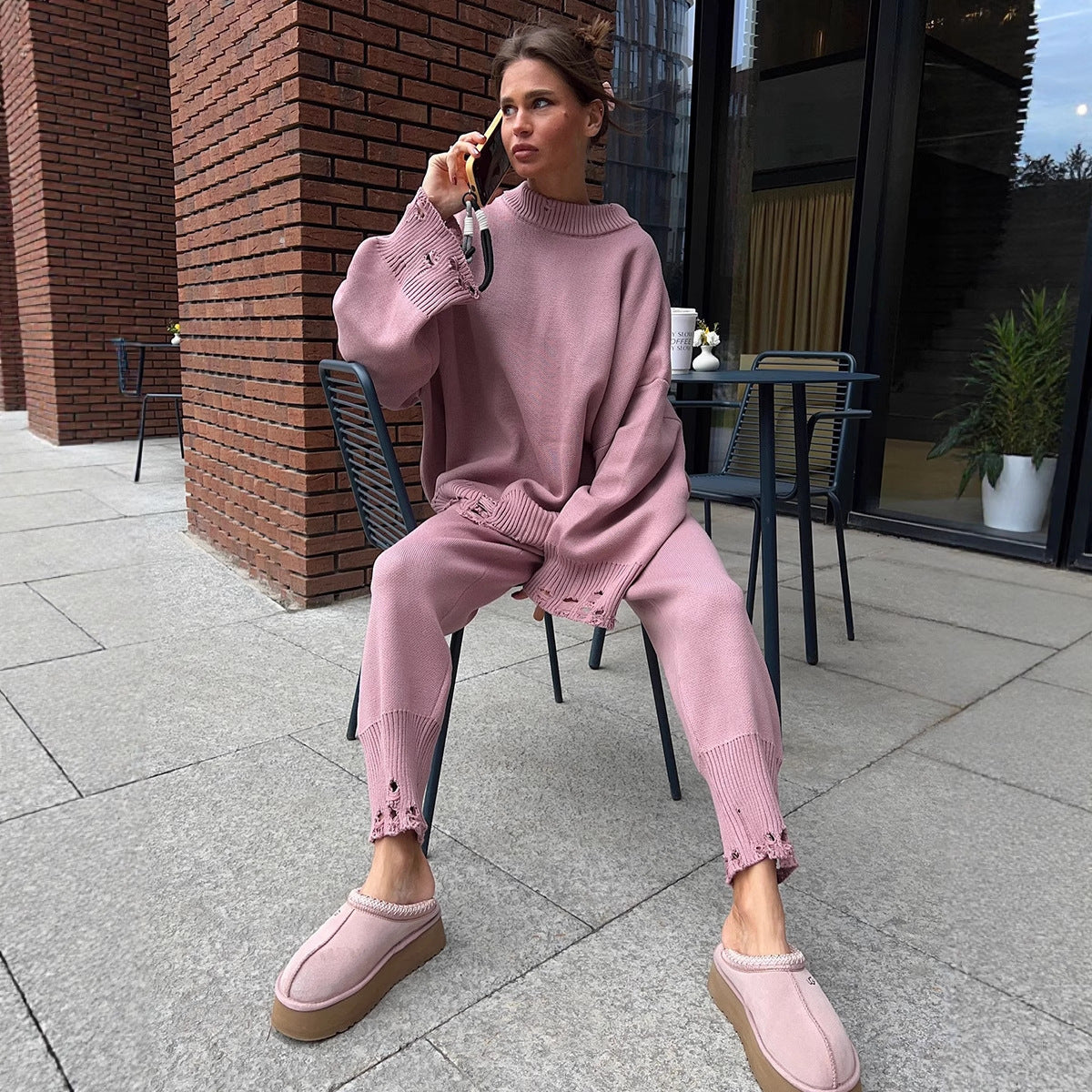 Ripped Female Knitted Ankle Tight Round Suits