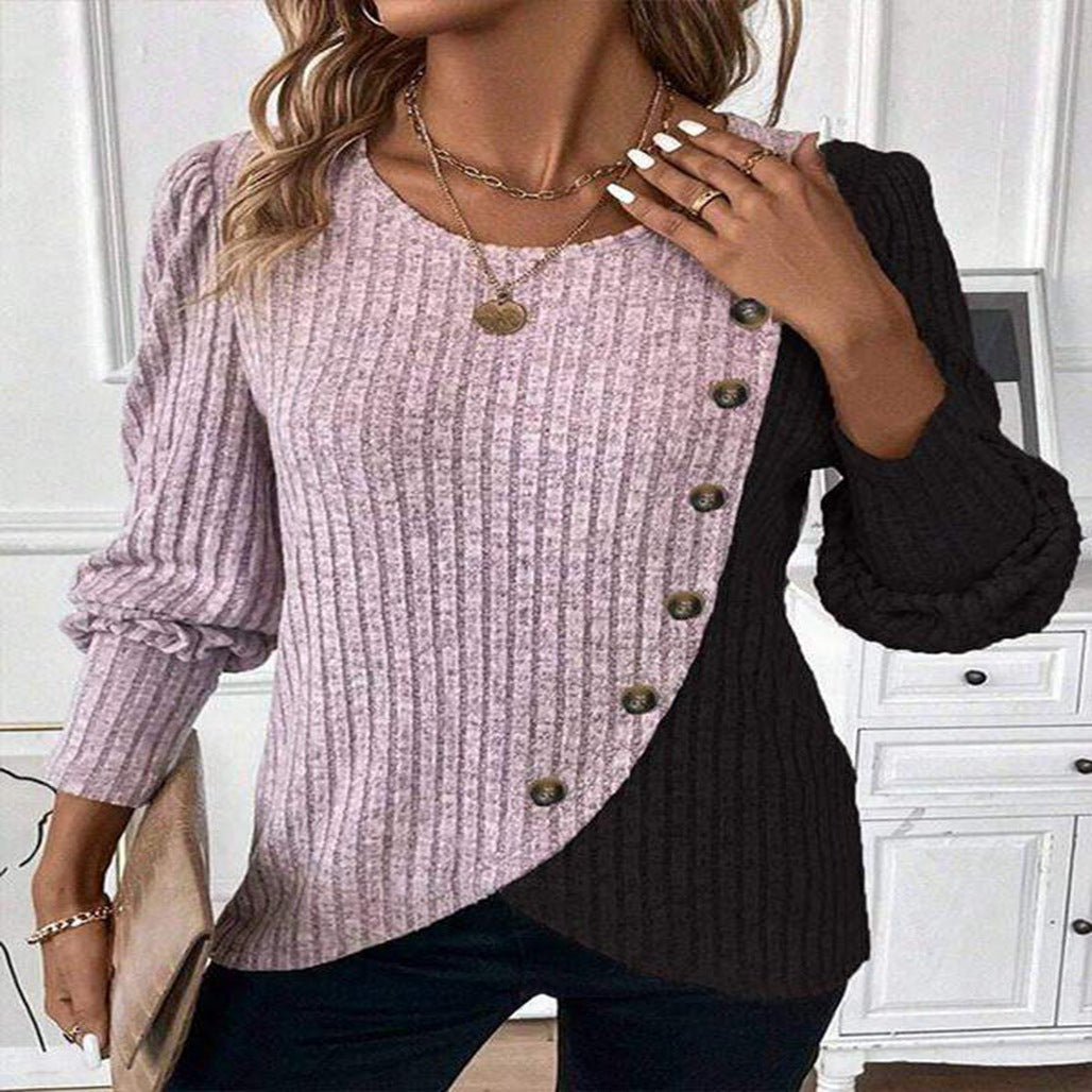 Women's Neck Multicolor Sunken Stripe Cross Hem Blouses