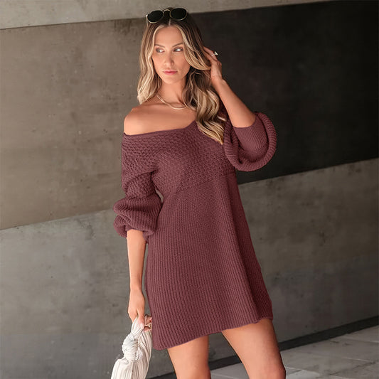 Women's Lantern Sleeve Solid Color Knitted Dress Sweaters