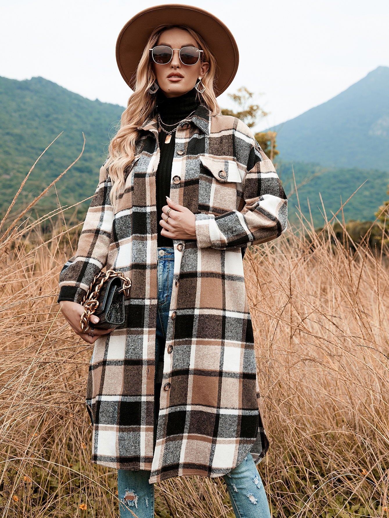 Women's Elegant Long Trench Lapel Pocket Plaid Coats