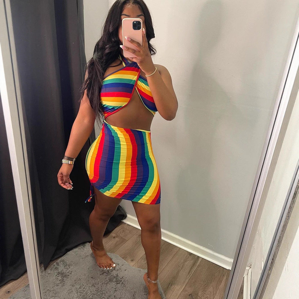 Women's Fashion Sexy Cross Halter Drawstring Two-piece Skirts