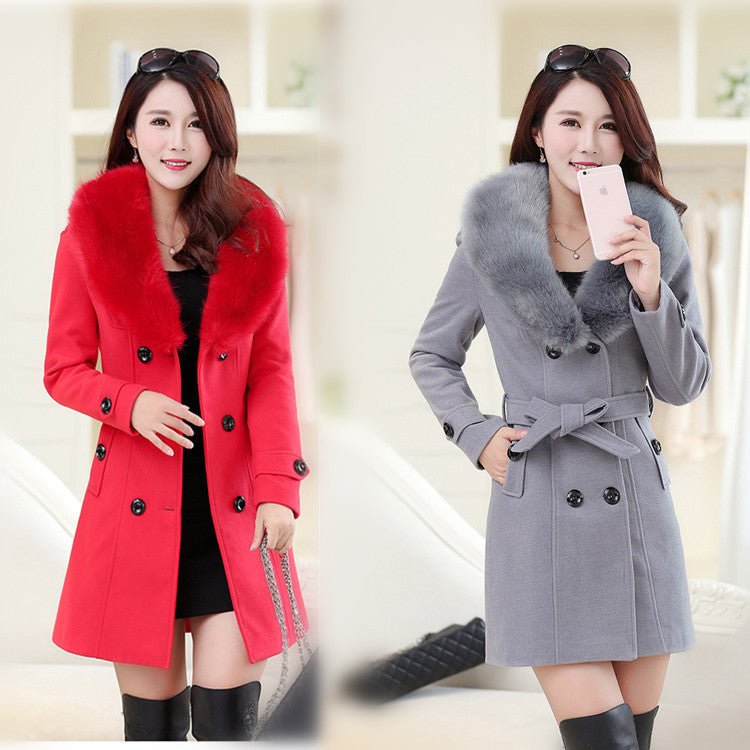 Women's Large Woolen Double-breasted Fur Collar Coats