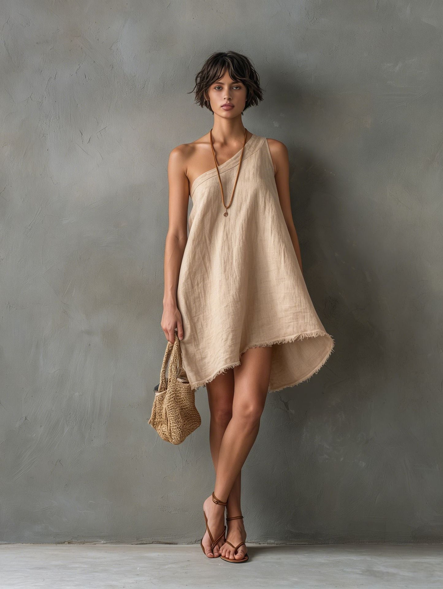 Women's Minimalist Linen Blend Shoulder Sleeveless Frayed Dress