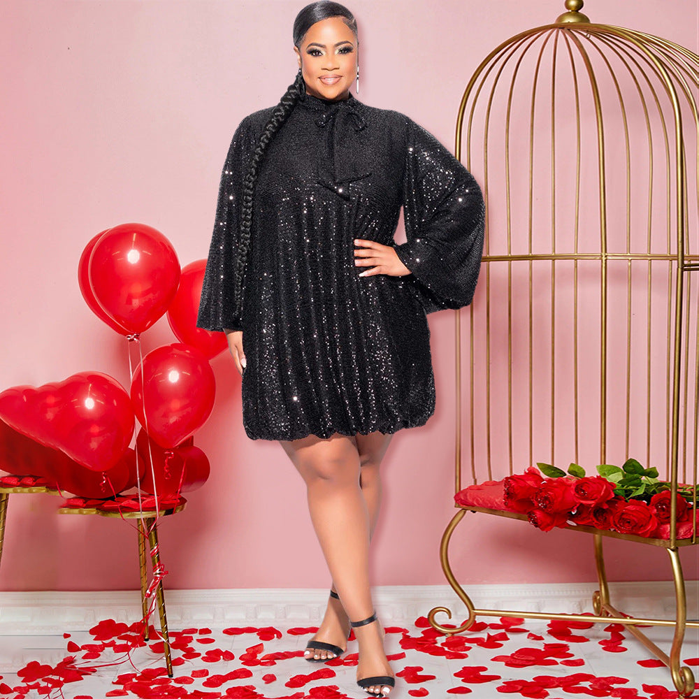 Women's Loose Sequins Long Sleeve Dress Party Clothing