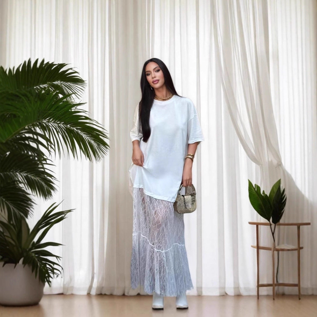 Women's Round Neck Stitching Lace Summer Niche Goddess Sweaters