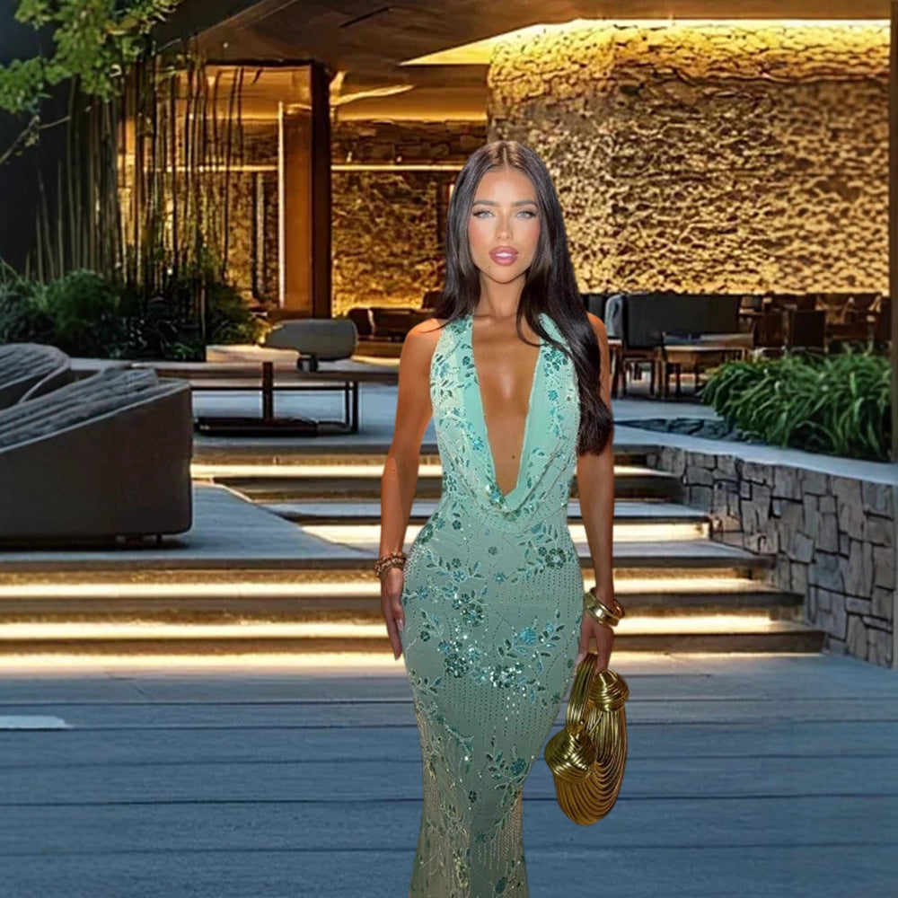 Elegant Halter Dress Sequin Beaded Bare Dresses