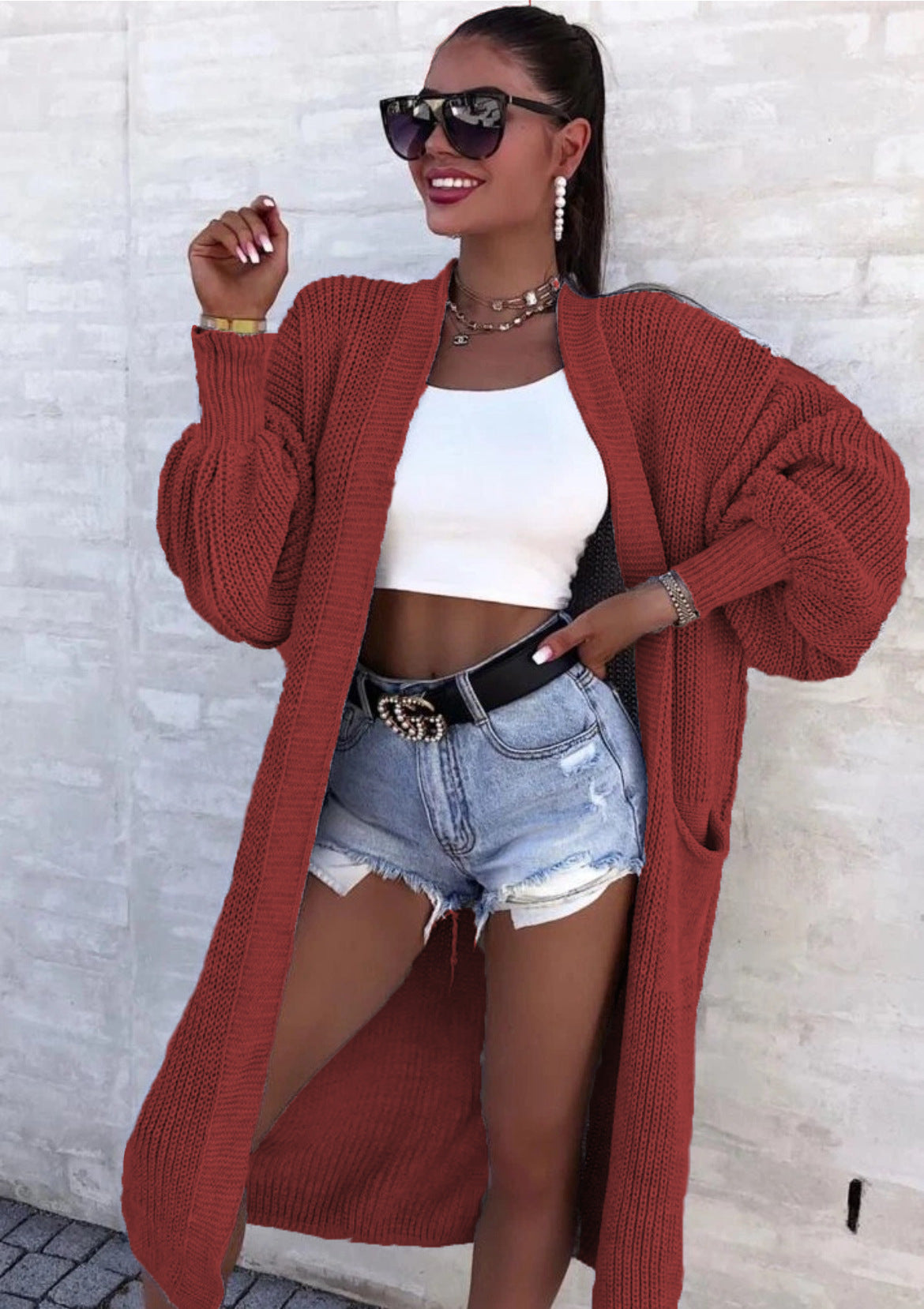 Women's Versatile Thick Needle Pocket Long Solid Knitwear