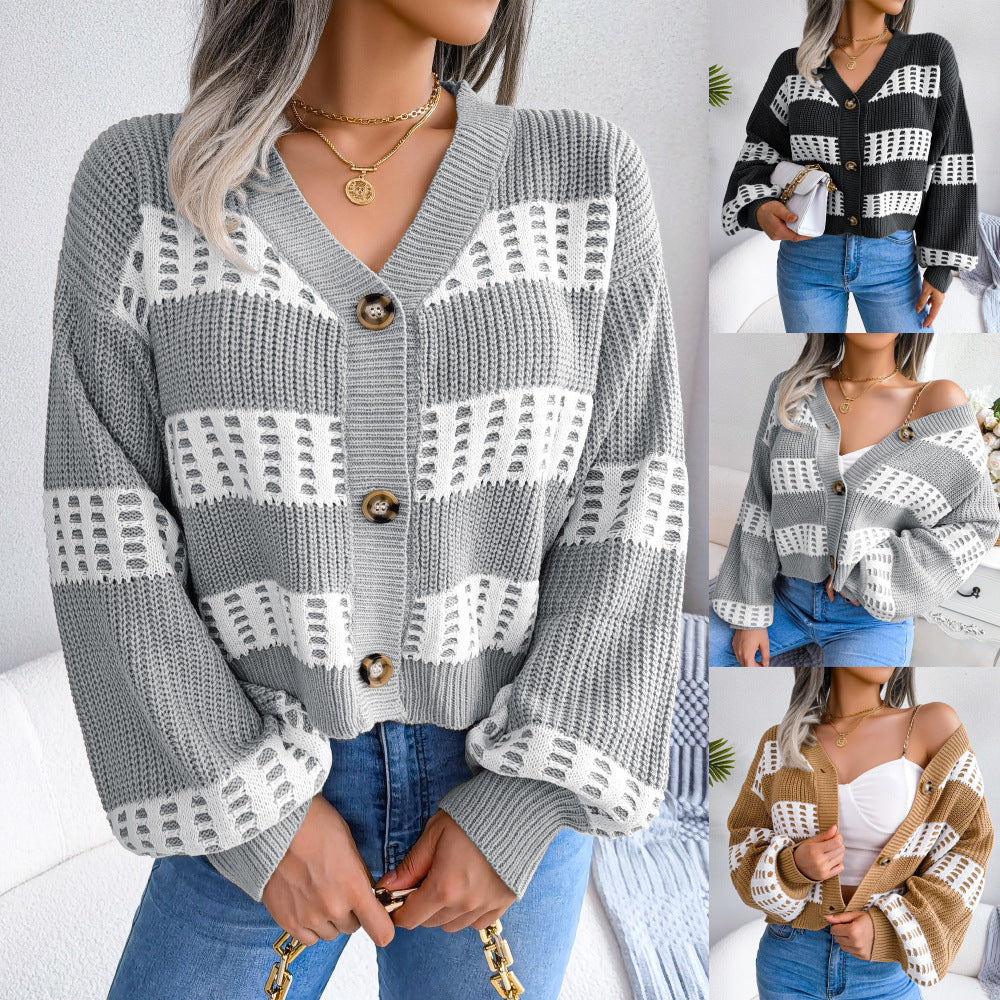 Women's Clearance Design Contrast Color Lantern Sleeve Clothing