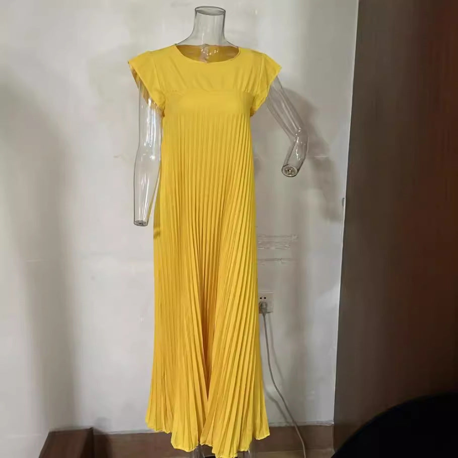 Solid Color Round Neck Sleeveless Pleated Dresses