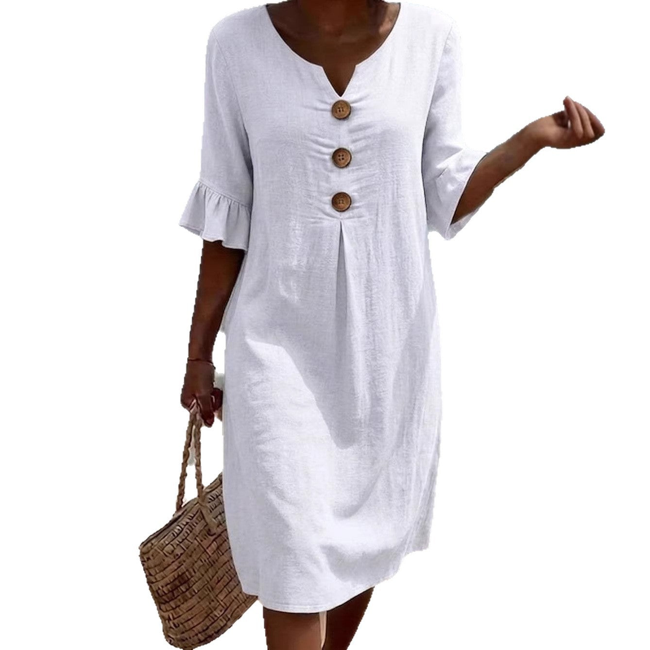Women's Cotton Linen Large Buttons Ruffle Sleeve Dress