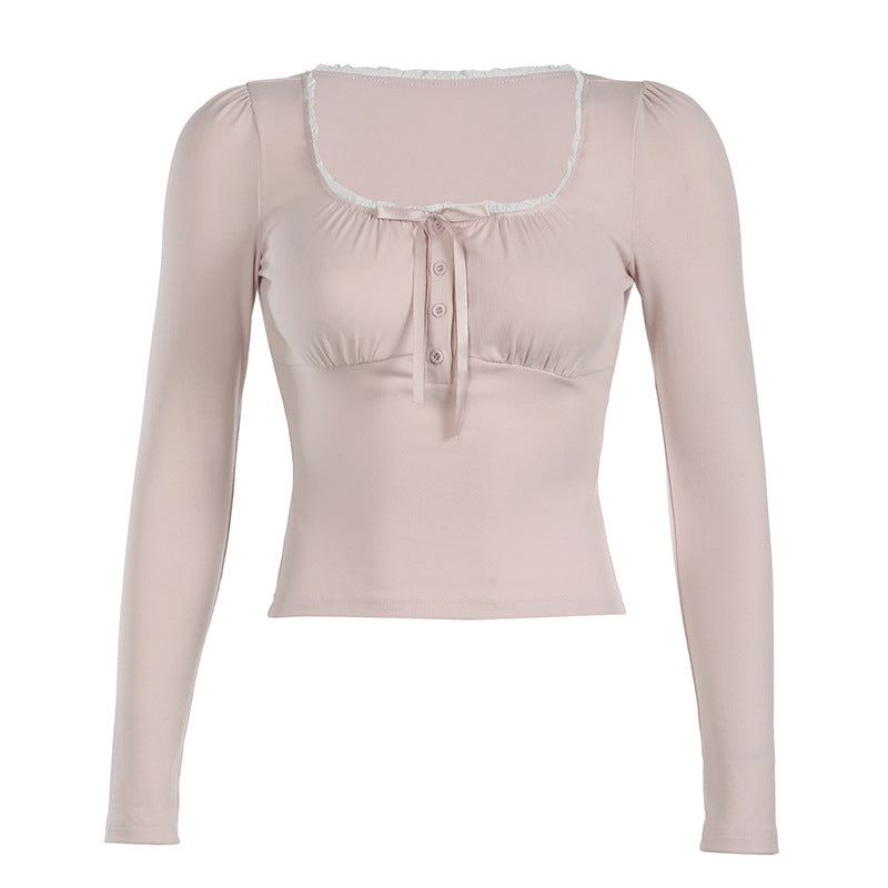 Stitching Breasted Square Collar Sweet Pleated Blouses