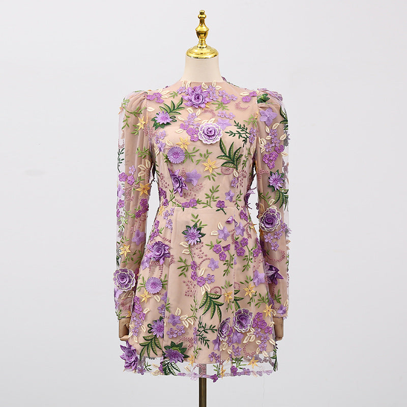 Women's Three-dimensional Flower Embroidered Slim Long Sleeve Dresses