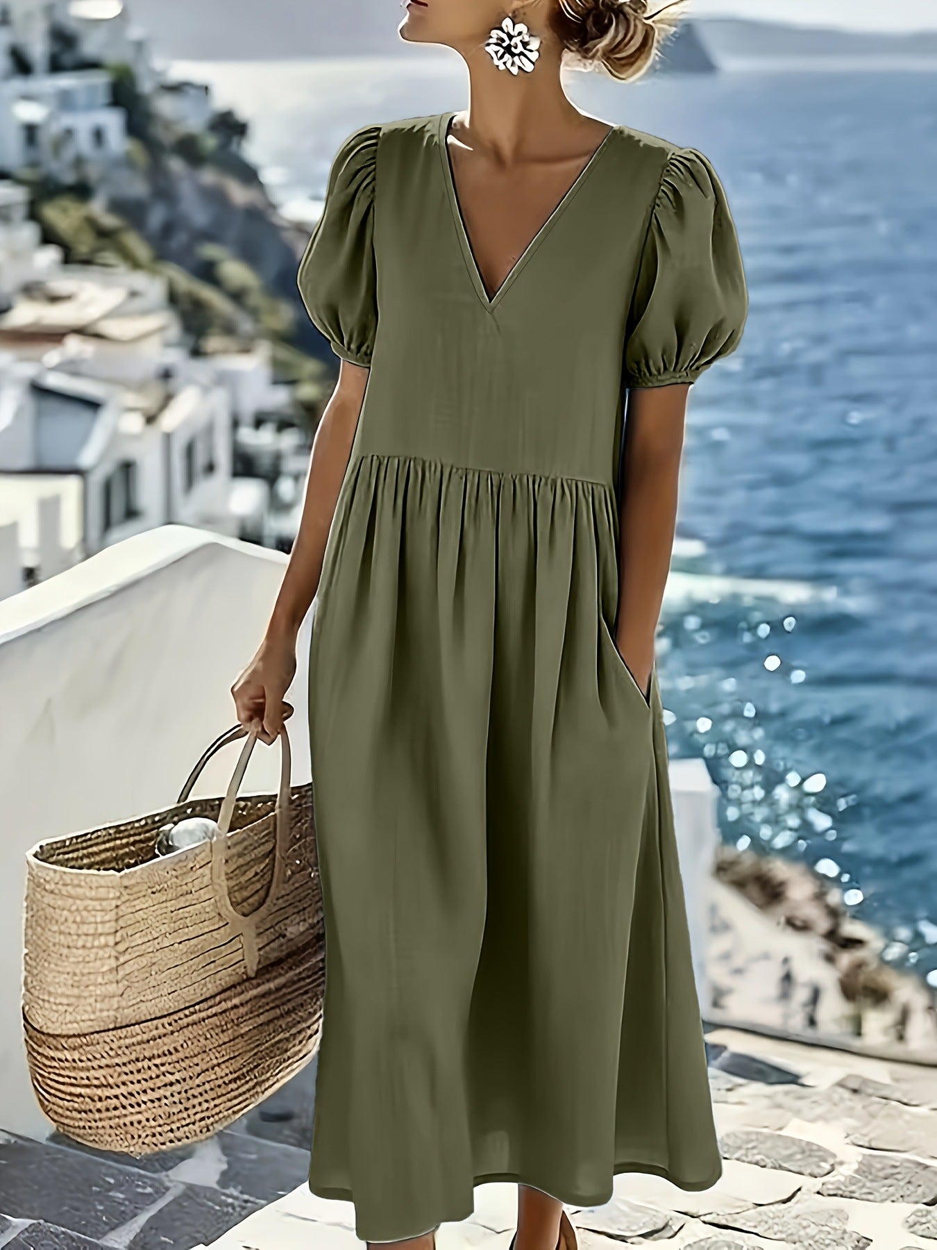 Summer Cotton Linen Casual Sleeve Pocket Pleated Loose Dress