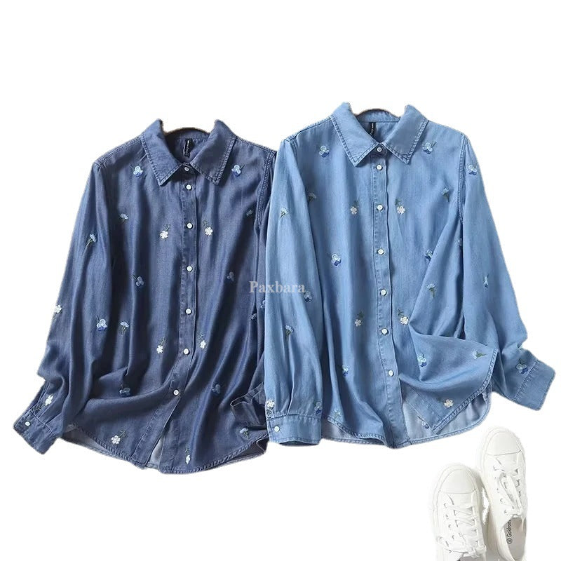 Women's Lapels Single-breasted Flower Embroidered Long Sleeve Blouses