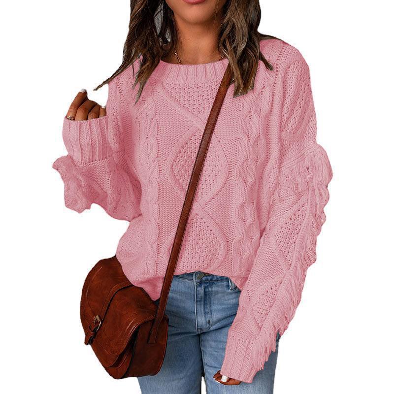 Women's Rhombus Tassel Solid Color Pullover Round Neck Sweater