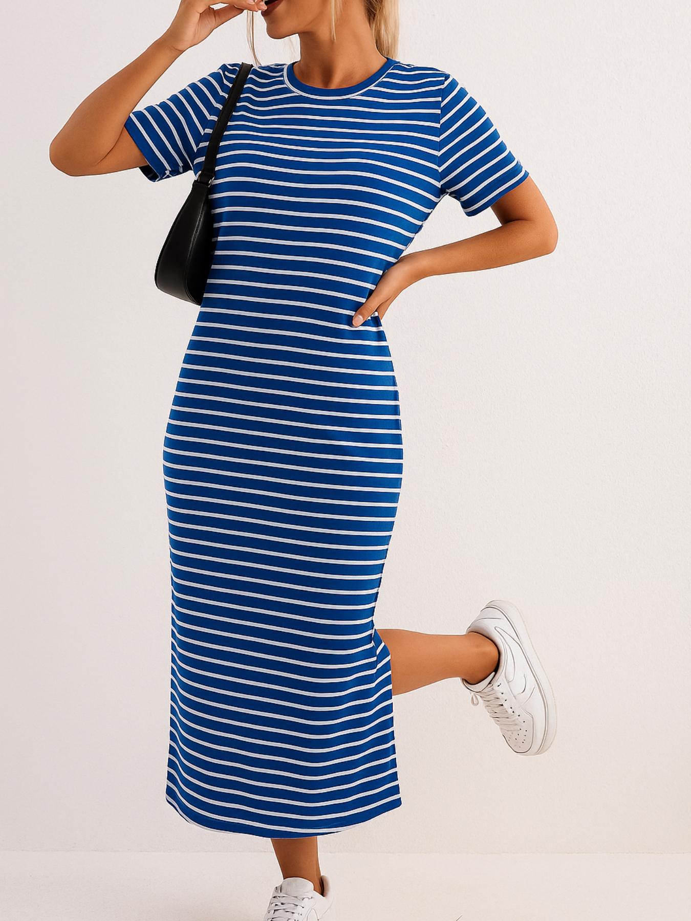 Women's Black White Striped Round Neck Sleeve Floral Print Slit Dress