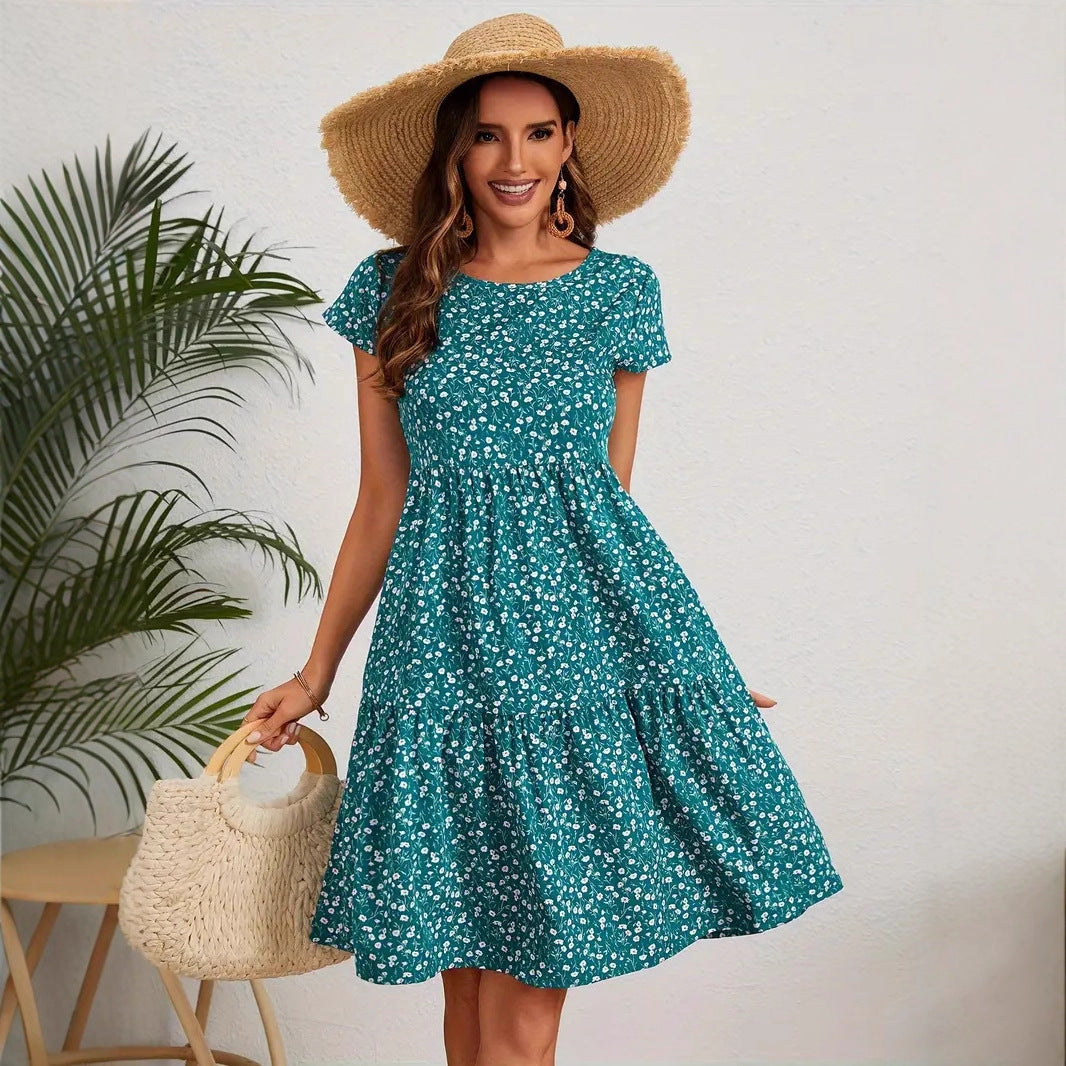 Summer Printed Round Neck Sleeve Casual Dress