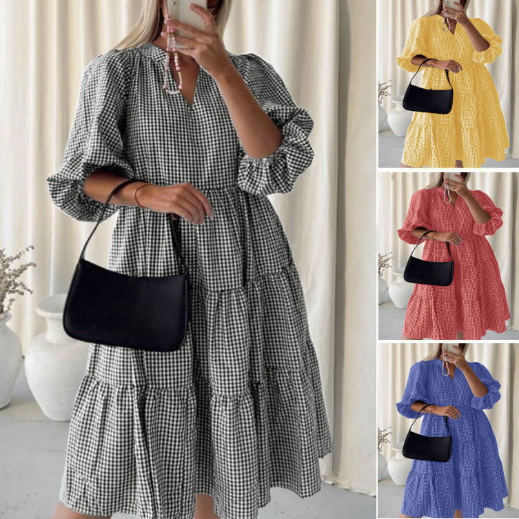 Women's Autumn Long Sleeve Plaid Stand Collar Dress