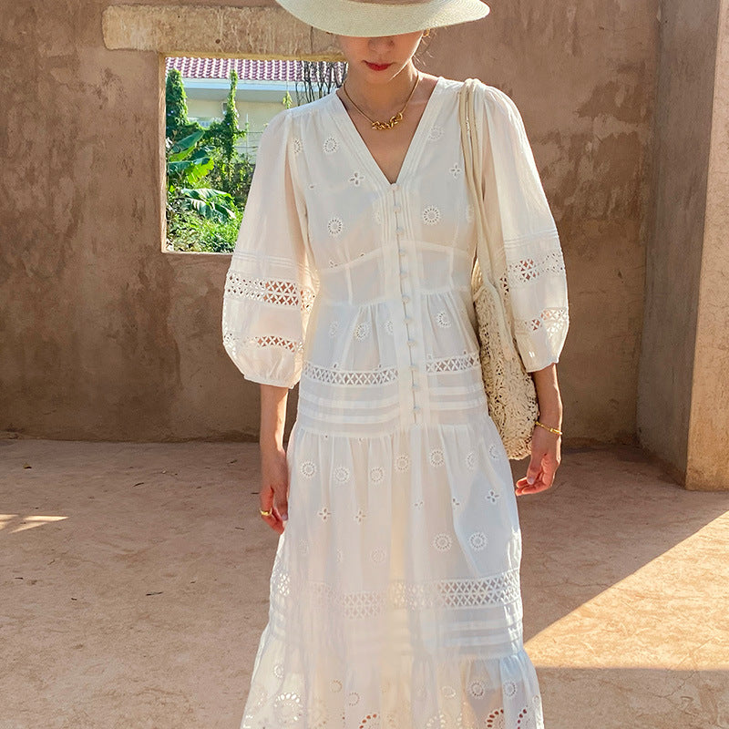 Women's Holiday Dress Design Embroidered French White Dresses