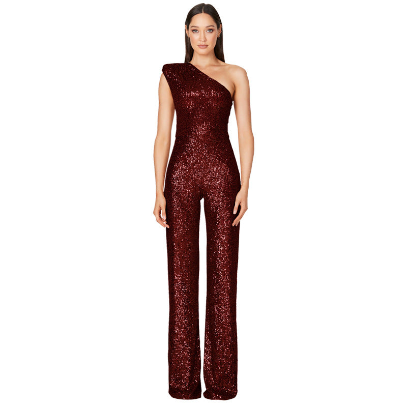 Women's Fashion Sleeveless One Shoulder Backless Sequined Jumpsuits