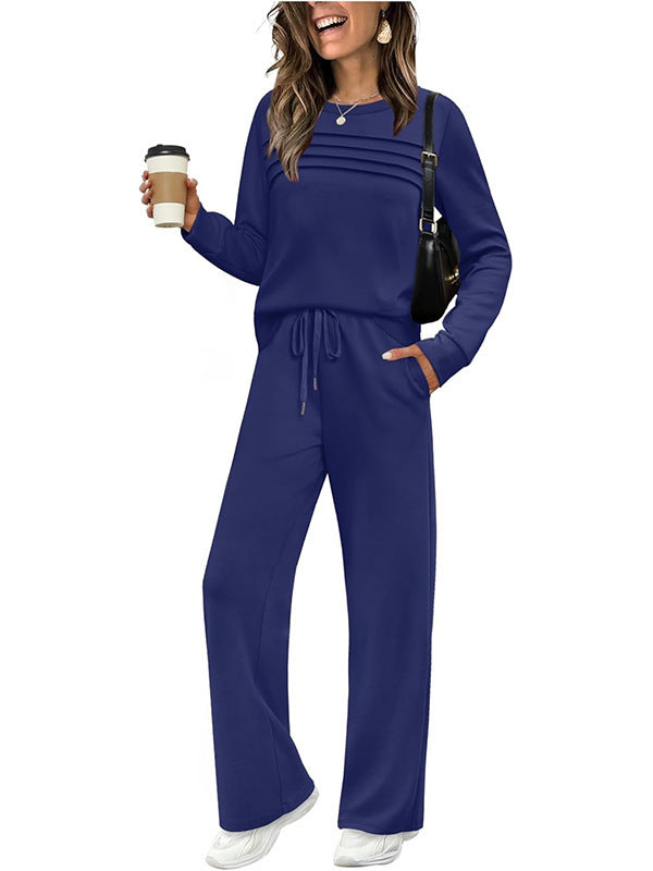 Women's Autumn Long Sleeve Round Neck Elastic Waist Trousers Fashion Casual Suit