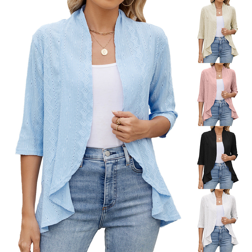 Women's Solid Color Three-quarter Sleeve Ruffle Coats