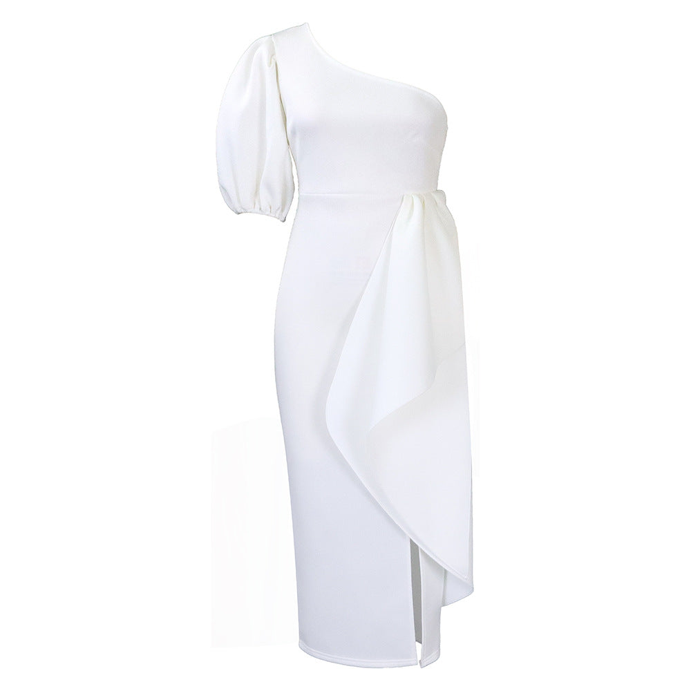 Women's Diagonal Collar Split Ruffled Dress Sexy Dresses