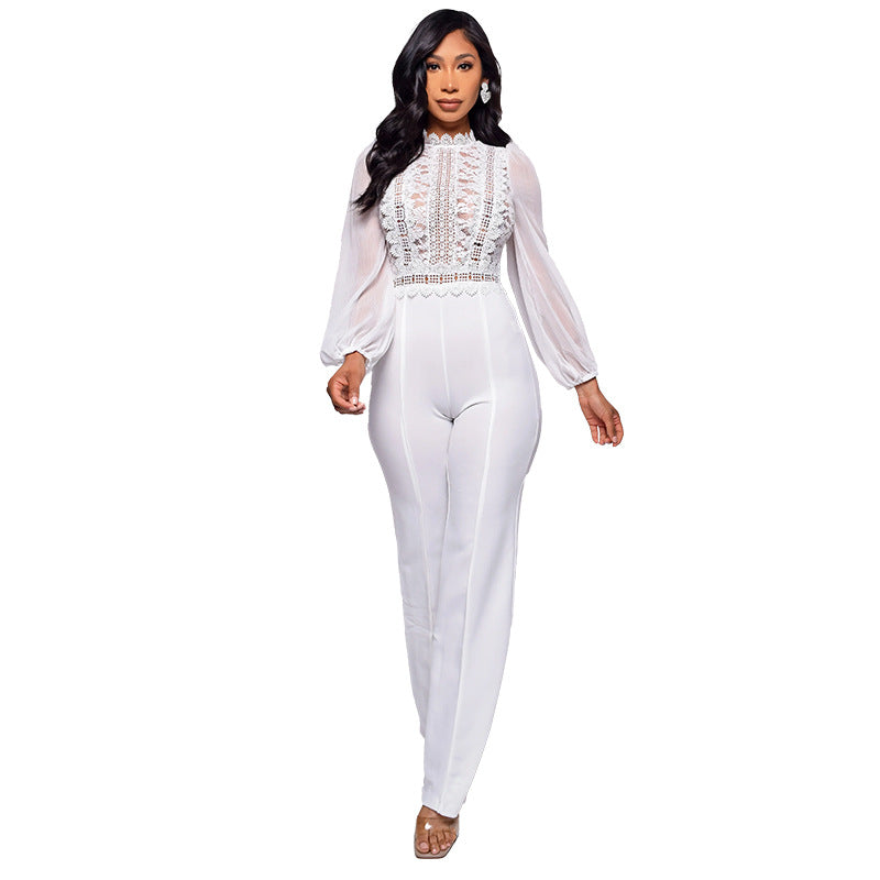 Women's High Waist Straight Turtleneck Lace Long-sleeved Jumpsuits