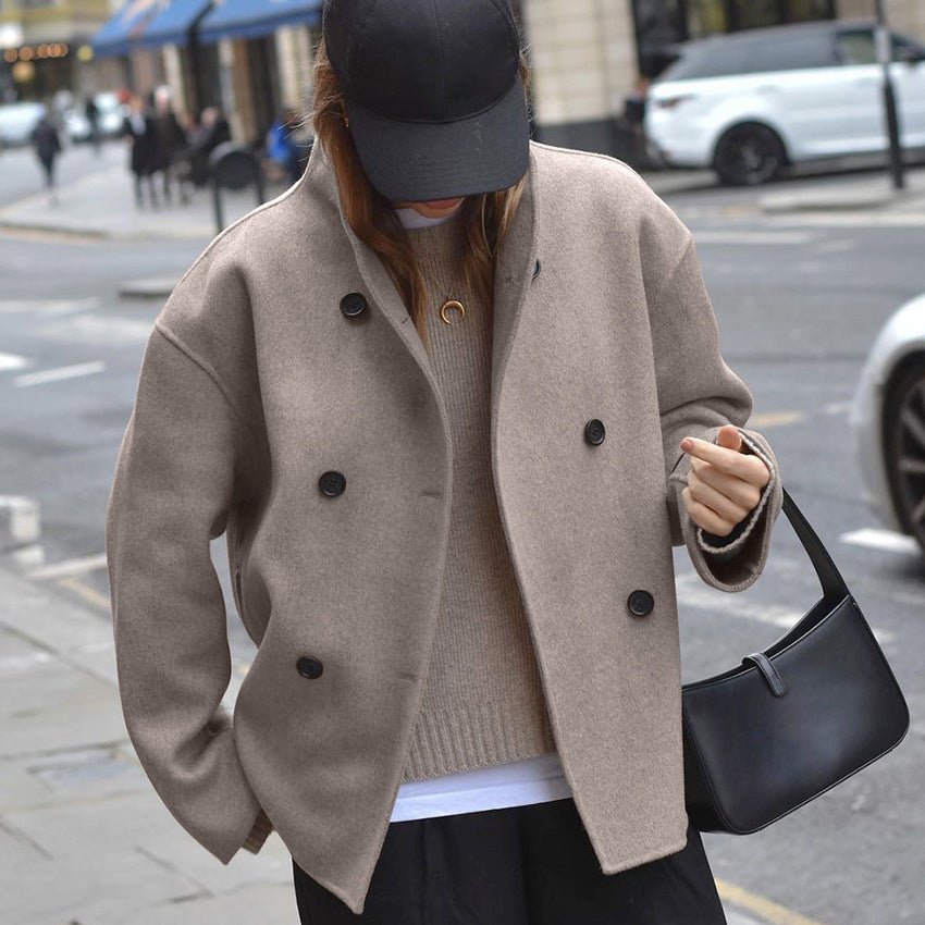 Women's Brown French Style Double Breasted Woolen Coats