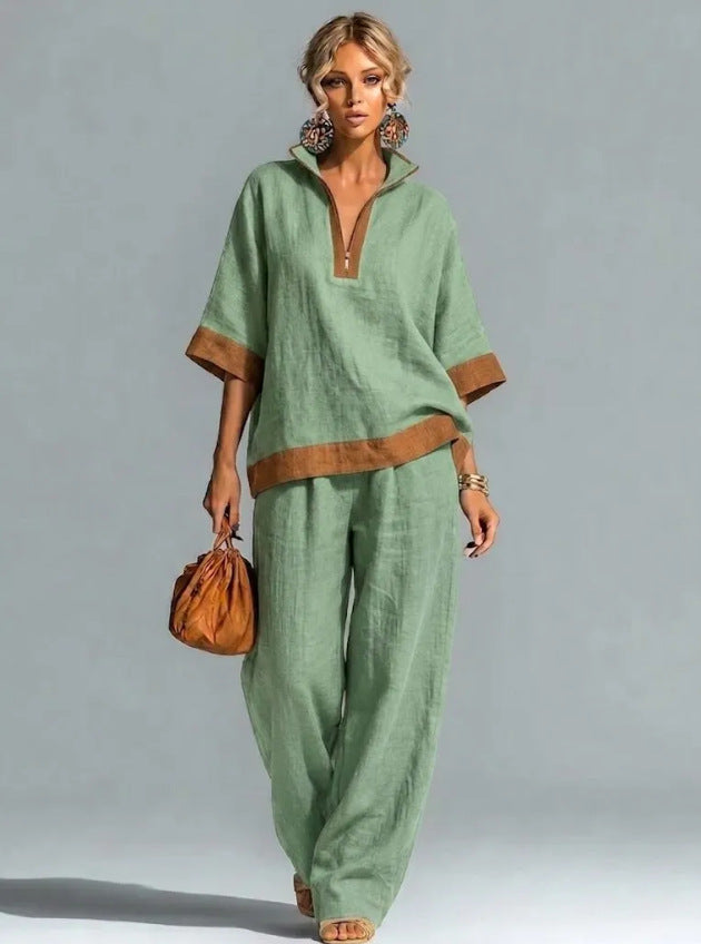 Women's Color Half Zipper Cotton Linen Half-sleeve Fashion Casual Suit
