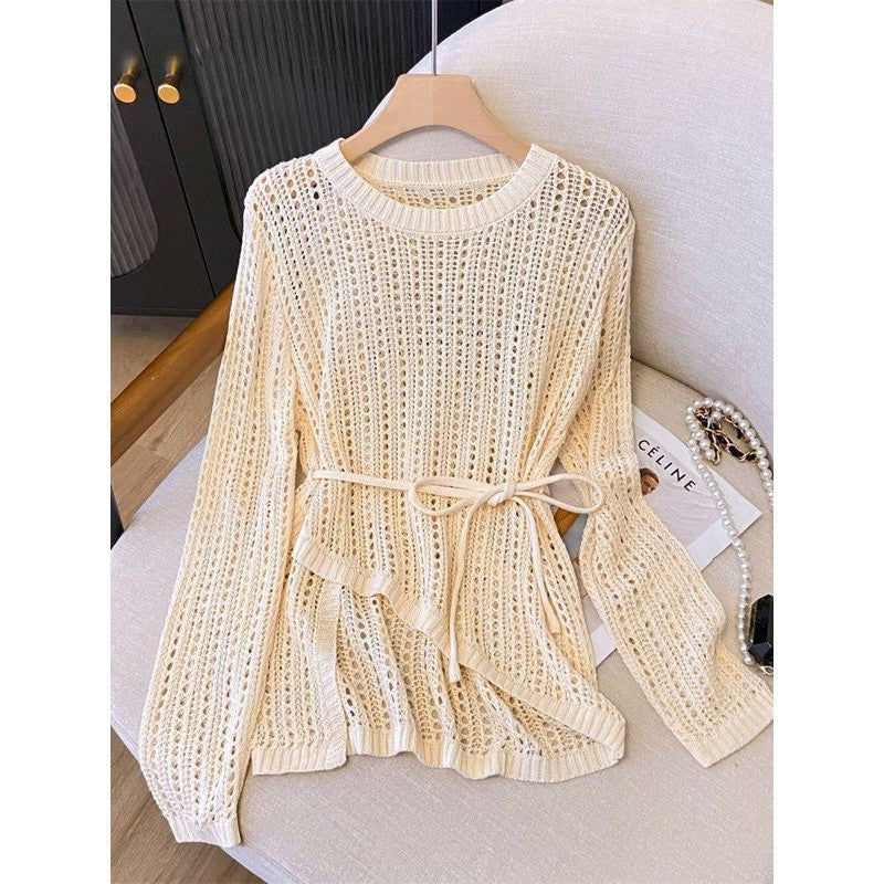 Women's Thin Comfortable Draping Air Conditioning Outerwear Cover-up Round Neck Irregular Sweaters