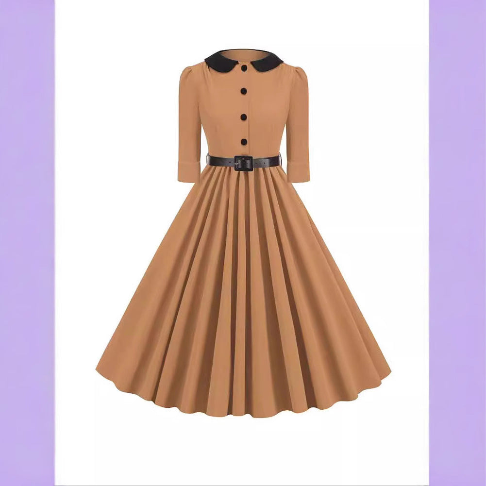 Women's Retro Dress Half Sleeve Doll Collar Slimming Hepburn Dresses