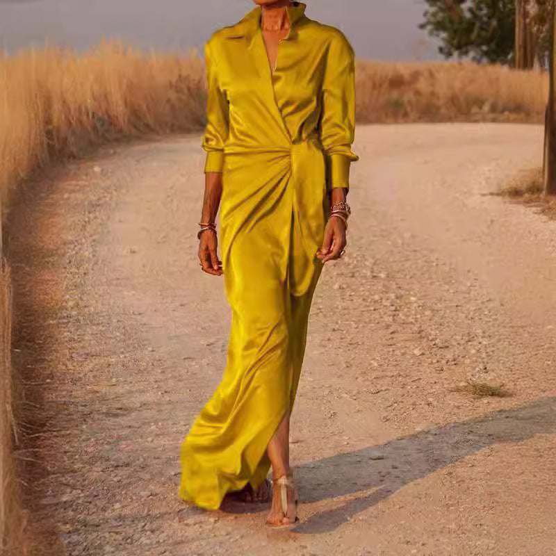 Women's Up High Waist Slit Mop Dress Long Sleeve Dresses