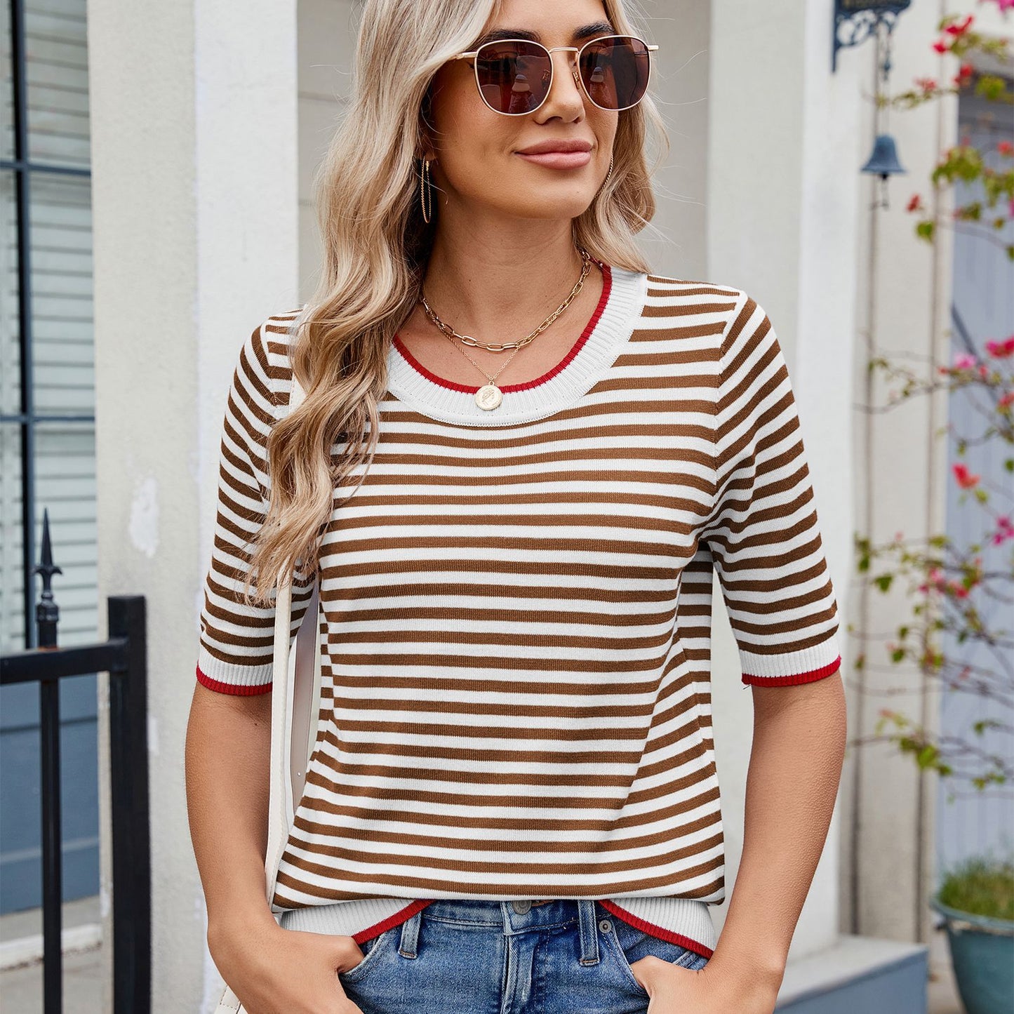 Women's Summer Stripe Knitted T-shirt Sleeve Ice Sweater
