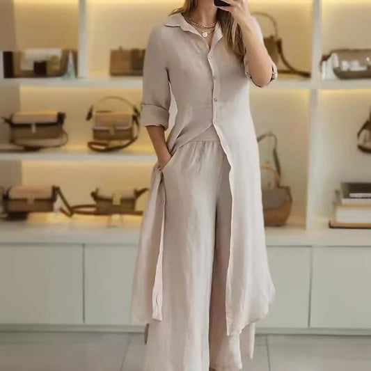 Cotton Linen Tight Waist Long Shirt Suits