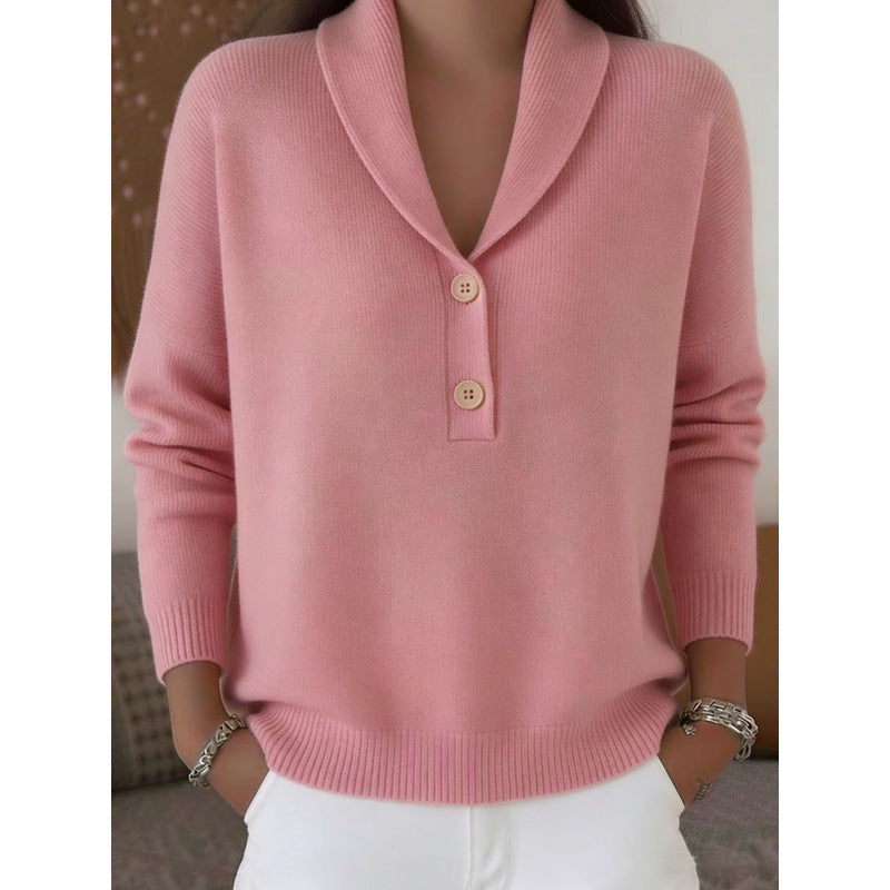 Women's Button Solid Color Collar Casual Fashion Sweater
