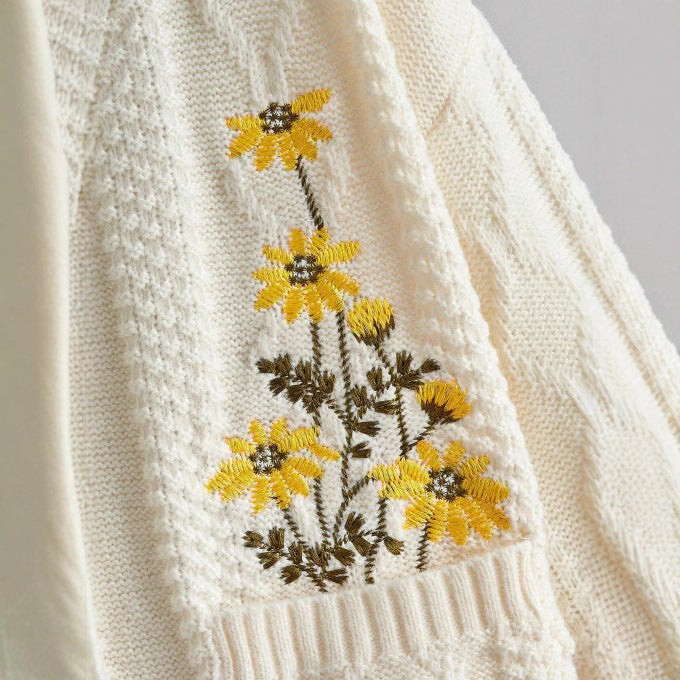 Women's Fashion Flower Embroidery Round Neck Long Sweater