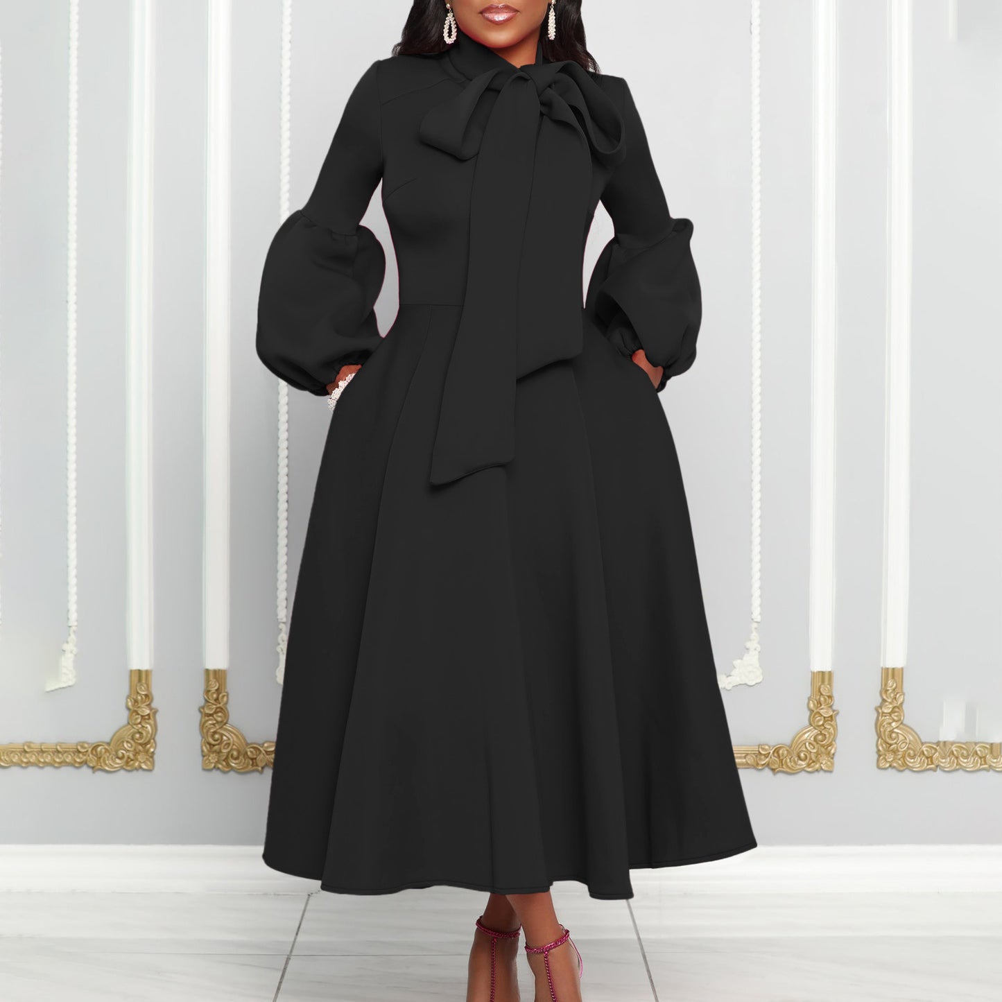 Women's Puff Sleeve Bow Large High Waist Skirts