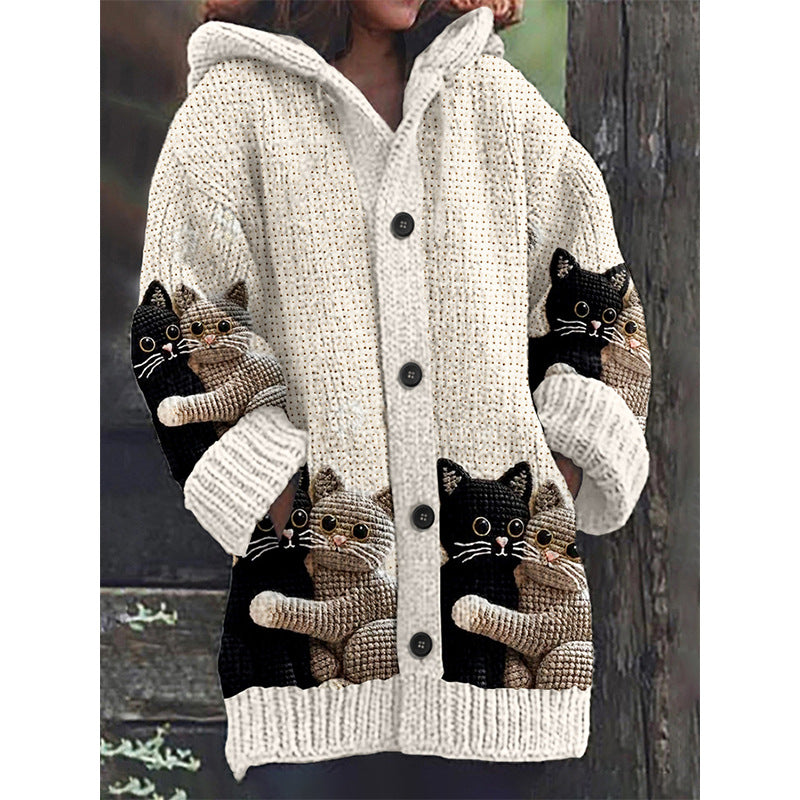 Elegant Women's Animal Cat Printing Hooded Cardigans