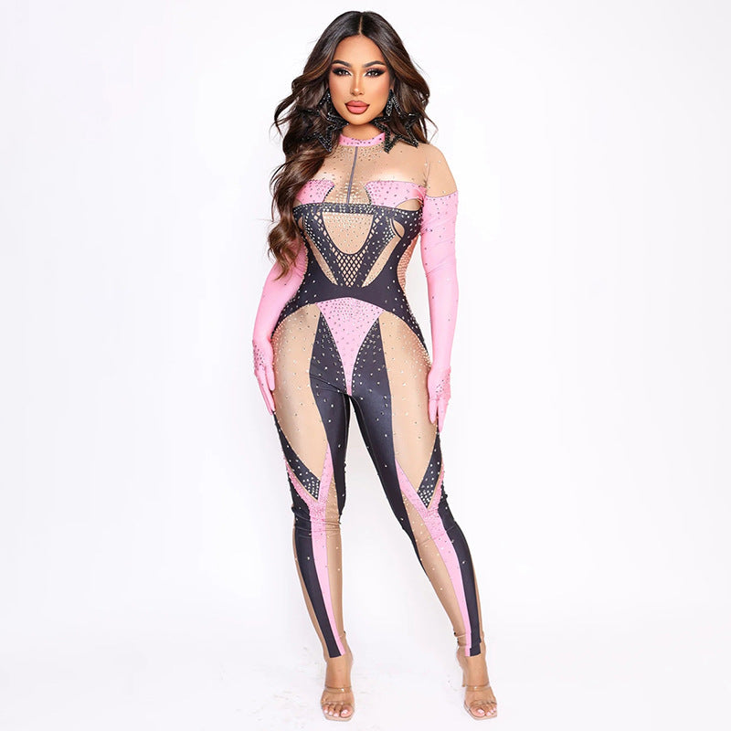 Sexy Full Diamond Long-sleeved One-piece Trousers Jumpsuits