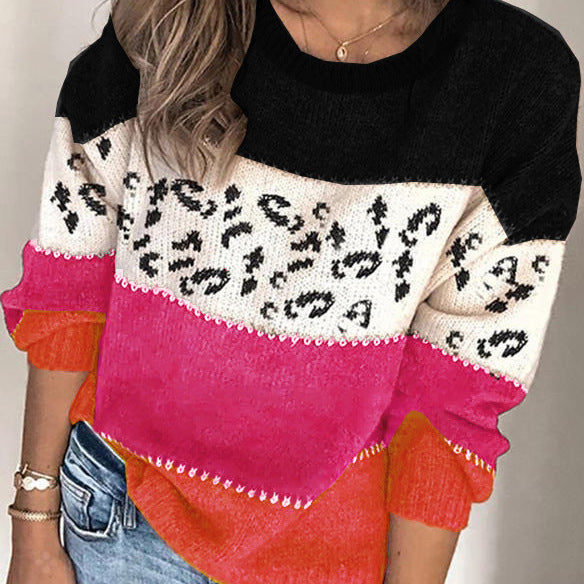 Spring Personality Leopard Splicing Fashionable Knitted Pullover Knitting Women's Sweater