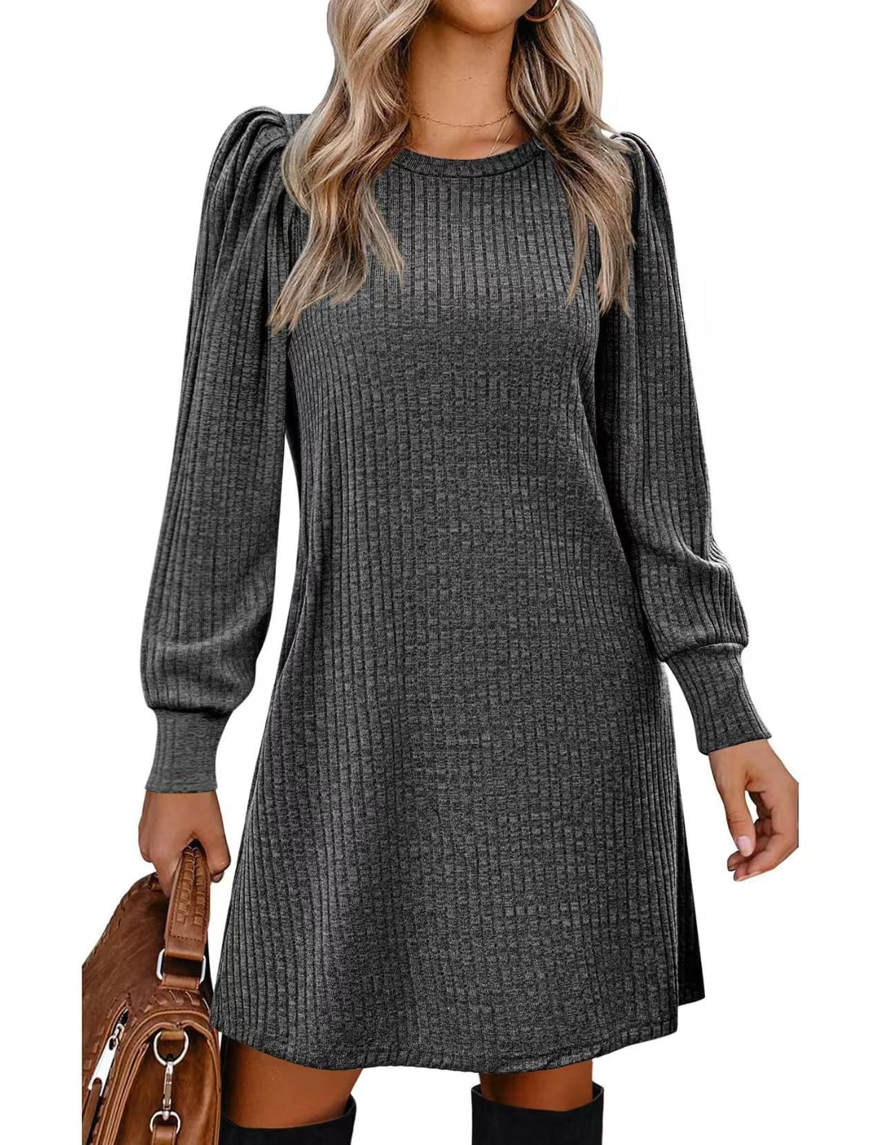 Women's Knitted Emerized Solid Color Round Neck Puff Dress